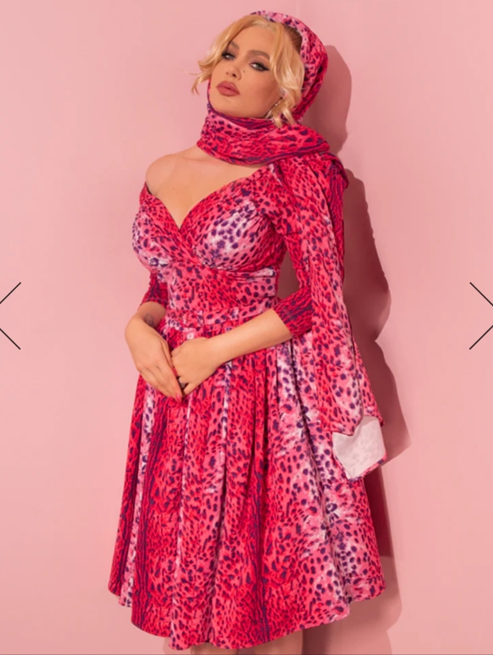 Vixen By Micheline Pitt Pink Leopard Starlet Swing Dress with Scarf Size 2x EUC